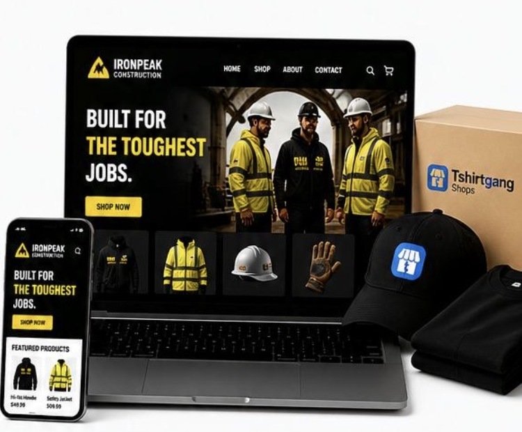 A branded online store shown on a laptop and phone beside a cap, hoodie and shipping box