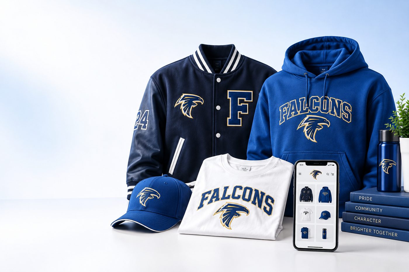 Falcons varsity jacket, hoodie, tee and cap laid out beside a phone showing the school store