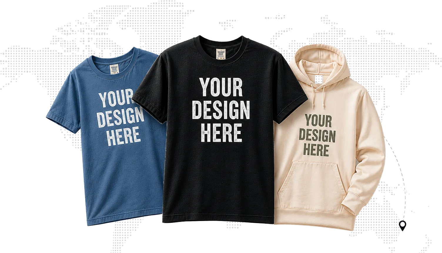 Worldwide print-on-demand fulfillment — t-shirt, hoodie and cap shipped globally